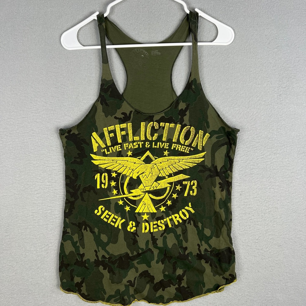 Affliction Tank Top Womens Large Camo Eagle Graphic Live Fast Military Racerback